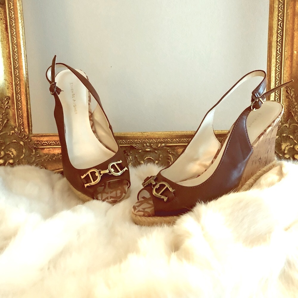 Etienne Aigner brown peeptoe wedge cork heels